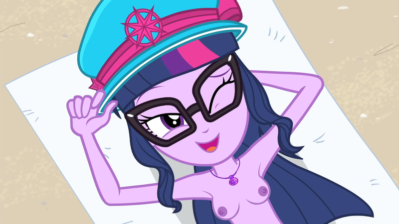 Size: 1920x1080 | Tagged: questionable, derpibooru import, edit, edited screencap, screencap, sci-twi, twilight sparkle, human, equestria girls, g4, beach, breasts, equestria girls specials, female, geode of telekinesis, glasses, hat, image, lying down, magical geodes, my little pony equestria girls: forgotten friendship, nipples, nude edit, nudity, on back, one eye closed, png, solo, solo female