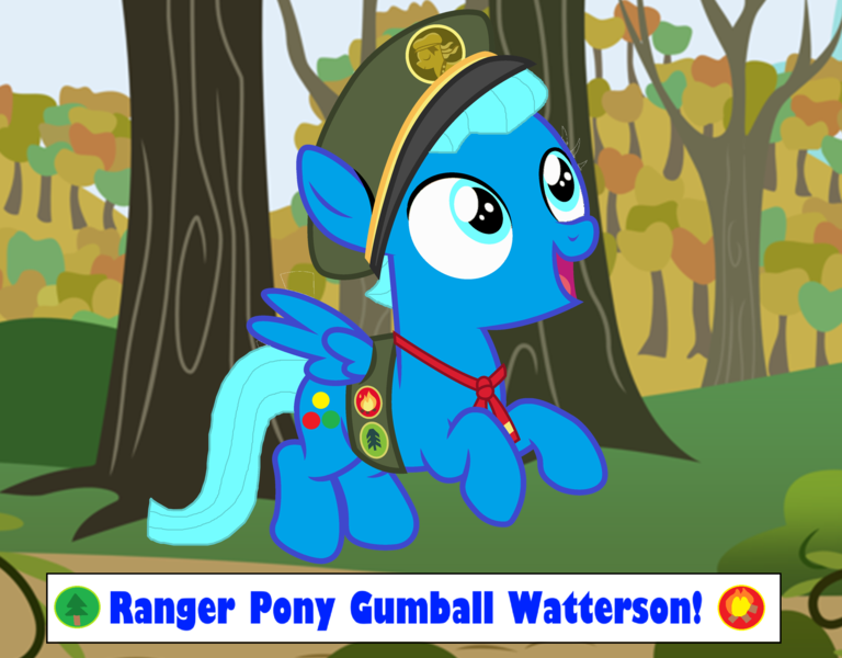 Size: 2680x2094 | Tagged: safe, artist:memeartboi, derpibooru import, ponified, pegasus, pony, g4, badge, clothes, colt, cosplay, costume, cute, flying, foal, forest, forest background, gumball watterson, happy, happy face, hat, image, male, nature, open mouth, outdoors, pegasus wings, png, ranger, solo, solo male, spread wings, text, the amazing world of gumball, tree, wings