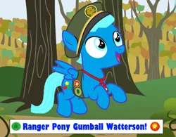 Size: 2680x2094 | Tagged: safe, artist:memeartboi, derpibooru import, ponified, pegasus, pony, g4, badge, clothes, colt, cosplay, costume, cute, flying, foal, forest, forest background, gumball watterson, happy, happy face, hat, image, male, nature, open mouth, outdoors, pegasus wings, png, ranger, solo, solo male, spread wings, text, the amazing world of gumball, tree, wings