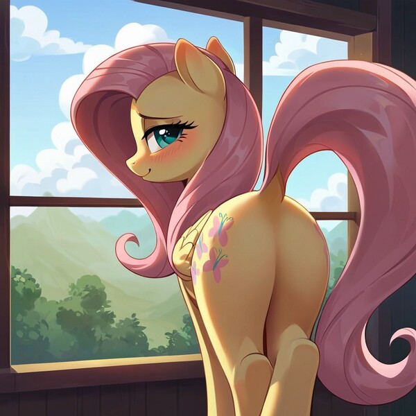 Size: 1024x1024 | Tagged: suggestive, ai content, derpibooru import, machine learning generated, prompter:crocusss, fluttershy, pegasus, pony, g4, blushing, butt, butt focus, cloud, crossed legs, dock, featureless crotch, female, flutterbutt, forest, forest background, image, jpeg, legs together, looking at you, looking back, looking back at you, mare, plot, presenting, rear view, smiling, smiling at you, standing, tail, tail aside, tree, window