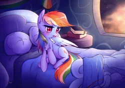 Size: 2118x1491 | Tagged: safe, artist:kaf_pone, derpibooru import, rainbow dash, pegasus, pony, g4, bed, bedroom, female, grooming, image, licking, mare, png, preening, rainbow dash's bedroom, sitting, solo, sunset, tongue out, wings