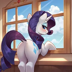 Size: 1024x1024 | Tagged: safe, ai content, derpibooru import, machine learning generated, prompter:crocusss, rarity, pony, unicorn, g4, blushing, butt, cloud, dock, eyeshadow, featureless crotch, horn, image, jpeg, leaning, leaning forward, looking at you, looking back, looking back at you, makeup, plot, rear view, rearity, tail, window