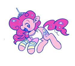 Size: 2048x1800 | Tagged: safe, artist:crasysam0, derpibooru import, pinkie pie, earth pony, pony, g4, candy, candy in hair, clothes, female, food, happy, image, mare, open mouth, open smile, png, shirt, smiling, solo, striped leg warmers