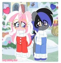 Size: 1946x2000 | Tagged: safe, artist:ladylullabystar, derpibooru import, oc, oc:blue streak, oc:lady lullaby star, unofficial characters only, earth pony, pony, unicorn, clothes, female, glasses, heart, horn, image, male, mare, png, scarf, stallion