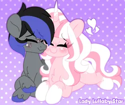 Size: 1782x1490 | Tagged: safe, artist:ladylullabystar, derpibooru import, oc, oc:blue streak, oc:lady lullaby star, unofficial characters only, earth pony, pony, unicorn, female, heart, horn, image, lying down, male, mare, png, prone, stallion