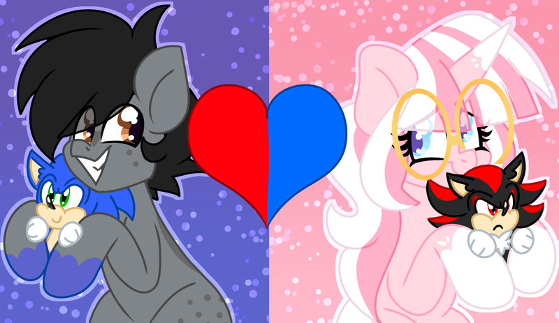 Size: 2279x1320 | Tagged: safe, artist:ladylullabystar, derpibooru import, oc, oc:blue streak, oc:lady lullaby star, unofficial characters only, earth pony, pony, unicorn, female, glasses, heart, horn, image, male, mare, plushie, png, shadow the hedgehog, sonic the hedgehog, sonic the hedgehog (series), stallion