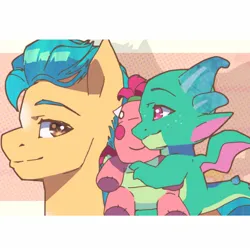 Size: 1400x1400 | Tagged: safe, artist:frank3dz, derpibooru import, hitch trailblazer, sparky sparkeroni, dragon, earth pony, pony, g5, baby, baby dragon, duo, duo male, image, jpeg, letterboxing, male, plushie, riding, sparky riding hitch trailblazer, stallion