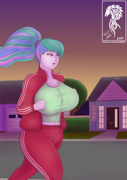 Size: 1414x2000 | Tagged: safe, artist:wolfjarl, derpibooru import, princess celestia, human, equestria girls, g4, big breasts, breasts, busty princess celestia, earbuds, evening, humanized, image, jpeg, principal celestia, sunset, tracksuit, workout, workout outfit