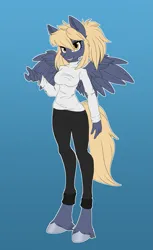 Size: 2995x4900 | Tagged: safe, artist:shusha, derpibooru import, oc, oc:pixi feather, unofficial characters only, anthro, pegasus, unguligrade anthro, clothes, hooves, image, looking at you, pegasus oc, png, simple background, smiling, wings, yellow eyes