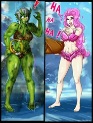 Size: 3000x4000 | Tagged: safe, artist:iloveladies2, artist:riiefu, derpibooru import, oni, fanfic:equestria girls n' goblins, equestria girls, g4, barefoot, bra, clothes, embarrassed, embarrassed underwear exposure, feet, image, jpeg, leaf bikini, leopard print, panties, stripped by magic, underwear