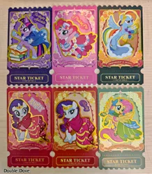 Size: 3802x4366 | Tagged: safe, derpibooru import, official, fluttershy, pinkie pie, rainbow dash, rarity, twilight sparkle, pony, g4, accessory, book, card, clothes, double dove, dress, ear piercing, earring, flower, flower in hair, grand galloping gala, hat, image, irl, jewelry, jpeg, kayou, magic, magic aura, merchandise, outfit, photo, piercing, sticker, text