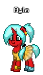 Size: 180x308 | Tagged: safe, artist:princess ice color twinkle, derpibooru import, oc, oc:aylo, pony, unicorn, pony town, blue mane, blue tail, clothes, ear accessory, eyelashes, female, foot accessory, horn, image, mare, png, red skin, shoes, simple background, smiling, tail