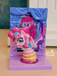 Size: 2676x3568 | Tagged: safe, derpibooru import, official, pinkie pie, earth pony, pony, g4, my little pony: the movie, cake, clothes, double dove, dress, enterplay, figure, food, grand galloping gala, hat, image, irl, jpeg, jumping, kayou, looking at you, merchandise, open mouth, open smile, outfit, photo, raised hoof, side view, smiling, toy