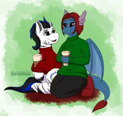 Size: 2649x2500 | Tagged: safe, artist:decemberbreeze, derpibooru import, oc, oc:louie hooferson, oc:milady, unofficial characters only, dragon, pony, zebra, clothes, coffee cup, commission, commissioner:legionofblues, cup, dragon oc, image, male, non-pony oc, png, simple background, stallion, stallion oc, sweater, wings, zebra oc