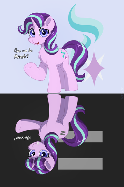 Size: 2000x3000 | Tagged: safe, artist:mercurysparkle, derpibooru import, starlight glimmer, pony, unicorn, g4, cheek fluff, chest fluff, cutie mark background, dialogue, duality, ear fluff, equal cutie mark, evil grin, female, grin, high res, hock fluff, horn, image, looking at you, mare, open mouth, open smile, png, raised hoof, s5 starlight, self paradox, self ponidox, smiling, underhoof, upside down