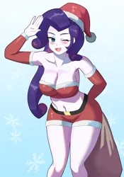 Size: 2800x4000 | Tagged: suggestive, artist:tzc, derpibooru import, rarity, human, equestria girls, g4, belly, belly button, belt, blushing, breasts, busty rarity, christmas, christmas 2024, cleavage, clothes, costume, female, hat, holiday, image, midriff, one eye closed, open mouth, open smile, png, santa costume, santa hat, santa sack, sexy, sexy santa costume, shorts, smiling, solo, solo female, waving, wink