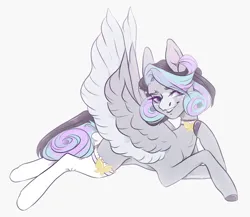 Size: 4000x3474 | Tagged: safe, artist:dreamyrat, derpibooru import, oc, unofficial characters only, pegasus, pony, 2021, blue mane, choker, clothes, collar, colored wings, commission, female, gray mane, high res, image, looking at you, lying down, mare, open mouth, open smile, pegasus oc, png, purple eyes, purple mane, simple background, smiling, smiling at you, socks, solo, spread wings, two toned mane, two toned wings, wings