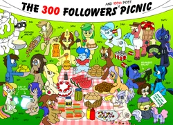 Size: 1100x797 | Tagged: safe, artist:mod wit, derpibooru import, apple fritter, apple strudely, princess luna, oc, oc:aqua marine, oc:bumble buzz (bananas wit), oc:cinnamon treats, oc:pix, oc:scifresh, unofficial characters only, human, g4, 20%, 300, 500 followers, ants, apple, apple basket, apple family member, apple fritter (food), askbananaswit, banner, basket, bowl, bun, burger, burgertime, butter, cake, candy, centipede pony, cheese, chemical, chemicals, clothes, condiment, condiments, cookie, doctor who, drink, drinking, eating, followers, food, fruit, glass, glow, grass, hamburger, honey, honey mustard, honey wand, hoodie, ice cream, image, jar, keep off the grass, ketchup, mayonnaise, mustard, outdoors, pear, pearl, pepper, pepper shaker, pickle, pickle jar, pickles, picnic, picnic blanket, pitcher, plate, png, potato salad, salad, salt, salt shaker, sauce, scoop, seaweed, sign, soda, soda can, strawberry shortcake, substance, time lord, tongs, tray, watermelon