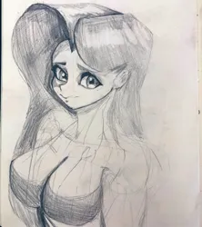 Size: 1819x2047 | Tagged: suggestive, artist:broni, derpibooru import, fluttershy, human, equestria girls, g4, breasts, busty fluttershy, cute, image, jpeg, monochrome, newbie artist training grounds, pencil drawing, photo, shyabetes, sketch, sketchbook, solo, traditional art