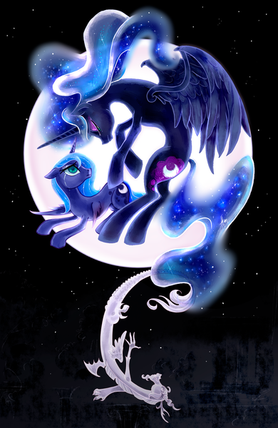 Size: 1520x2340 | Tagged: safe, artist:ladyamaltea, artist:purpuraimperial, derpibooru import, discord, nightmare moon, princess luna, alicorn, draconequus, pony, fanfic:if you came to conquer, g4, duality, equestrian stories 2024, fanfic art, female, full moon, image, looking at each other, looking at someone, male, mare, moon, png, s1 luna, teary eyes, trio