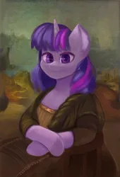 Size: 2385x3504 | Tagged: safe, artist:luanbang, derpibooru import, twilight sparkle, pony, semi-anthro, unicorn, g4, bust, fine art parody, hooves, horn, image, looking at you, mona lisa, my little pony, png