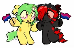 Size: 2048x1318 | Tagged: safe, artist:larvaecandy, derpibooru import, oc, unofficial characters only, bat pony, earth pony, pony, semi-anthro, bat pony oc, bat wings, bisexual pride flag, black coat, duo, flag, green mane, holding, holding hooves, image, jpeg, pride, pride flag, red and black oc, red mane, simple background, smiling, white background, wings, yellow coat