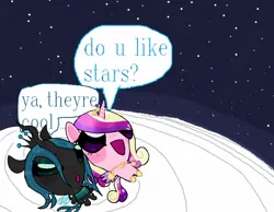 Size: 1300x1007 | Tagged: safe, artist:poniesinmyhead, derpibooru import, princess cadance, queen chrysalis, pony, g4, do u like stars?, duo, female, image, jpeg, mare, meme, moon, night, open mouth, open smile, smiling