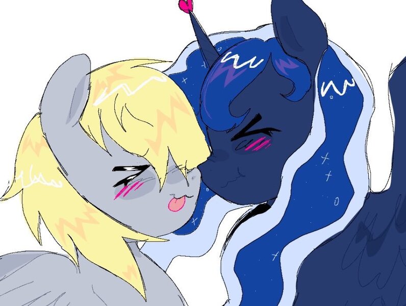 Size: 927x699 | Tagged: safe, artist:poniesinmyhead, derpibooru import, derpy hooves, princess luna, alicorn, pegasus, pony, :p, ><, duo, duo female, eyes closed, female, image, jpeg, lesbian, mare, ship:lunaderp, shipping, simple background, smiling, tongue out, white background