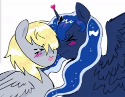 Size: 1011x789 | Tagged: safe, artist:poniesinmyhead, derpibooru import, derpy hooves, princess luna, alicorn, pegasus, pony, g4, :p, ><, duo, duo female, eyes closed, female, image, jpeg, lesbian, mare, ship:lunaderp, shipping, simple background, smiling, tongue out, white background