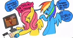 Size: 1066x564 | Tagged: safe, artist:poniesinmyhead, derpibooru import, fluttershy, rainbow dash, pegasus, pony, g4, computer, crying, dialogue, english, gaming, image, jpeg, playing, roblox