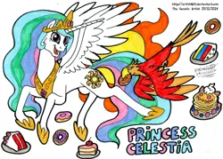 Size: 4588x3288 | Tagged: safe, artist:artistnjc, derpibooru import, philomena, princess celestia, alicorn, bird, phoenix, pony, g4, cake, cakelestia, character name, crown, cutie mark, donut, flying, food, happy, image, jewelry, pet, png, regalia, royalty, signature, simple background, spread wings, sun, traditional art, wings