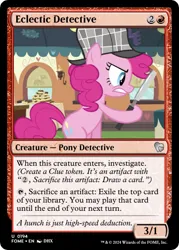 Size: 375x523 | Tagged: safe, derpibooru import, edit, pinkie pie, earth pony, g4, mmmystery on the friendship express, ccg, deerstalker, hat, image, magic the gathering, magnifying glass, my little pony, png, sherlock pie, trading card, trading card edit, trading card game, train car