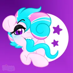 Size: 2360x2360 | Tagged: suggestive, artist:ninnydraws, derpibooru import, oc, oc:sweetie swirl, unofficial characters only, bat pony, blue blush, blue tongue, blushing, bust, commission, eyelashes, eyeshadow, femboy, image, long tongue, makeup, male, multicolored hair, png, solo, stars, tongue out