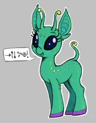 Size: 298x379 | Tagged: safe, artist:shydale, derpibooru import, oc, unofficial characters only, alien, alien pony, pony, antennae, bug eyes, extraterrestrial, female, gray background, image, magma.com, outline, png, simple background, solo, speech bubble, unknown language, white outline