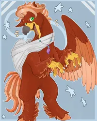 Size: 4320x5400 | Tagged: safe, artist:jennyfire, derpibooru import, oc, oc:pearl diver, classical hippogriff, hippogriff, bandage, beak, blue background, broken bone, broken wing, cast, claws, colored wings, commission, hippogriff oc, hippogriffied, image, injured, jewelry, necklace, nonbinary, png, simple background, sling, smiling, species swap, standing, tail, wings