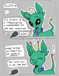 Size: 365x471 | Tagged: suggestive, artist:shydale, derpibooru import, oc, unofficial characters only, alien, alien pony, pony, antennae, blue blush, blushing, broken english, comic, dialogue, excited, exclamation point, extraterrestrial, happy, image, magma.com, microphone, outline, png, speech bubble, straight tail, white outline