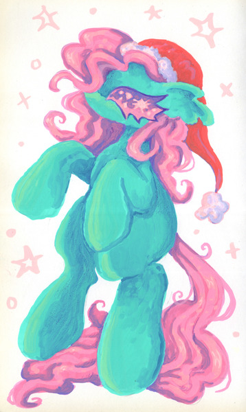 Size: 1835x3072 | Tagged: safe, artist:larvaecandy, derpibooru import, minty, earth pony, pony, g3, alternate eye color, big hooves, christmas, colored eyelashes, colored sclera, curly mane, curly tail, ear fluff, female, floppy ears, gouache, green coat, hat, holiday, image, jpeg, lineless, mare, mint coat, missing cutie mark, my little pony: a very minty christmas, no mouth, no pupils, pink eyes, pink mane, pink sclera, pink tail, profile, purple eyes, rearing, santa hat, simple background, sparkles, sparkly eyes, stars, tail, teal coat, traditional art, white background, wingding eyes