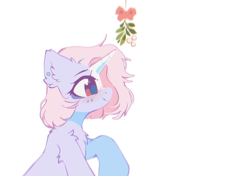 Size: 1938x1396 | Tagged: safe, artist:mirtash, derpibooru import, oc, oc:milkshake (mirtash), unofficial characters only, pony, unicorn, .psd available, art challenge, bags under eyes, blaze (coat marking), blue pupils, blush lines, blushing, brown eyes, chest fluff, coat markings, colored eyelashes, colored horn, colored pupils, ear fluff, ear piercing, earring, eyelashes, facial markings, female, female oc, horn, image, jewelry, jpeg, lavender coat, mare, mare oc, mistletoe, piercing, pink mane, profile, purple coat, purple eyelashes, red eyes, shiny eyes, short mane, shoulder fluff, sitting, smiling, solo, unicorn horn, unicorn oc