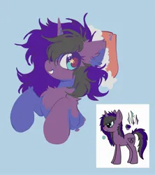 Size: 1869x2106 | Tagged: artist needed, safe, artist:mirtash, derpibooru import, oc, oc:nia, unofficial characters only, pony, unicorn, blue background, blue eyes, bust, chest fluff, christmas, colored eyelashes, colored pupils, ear fluff, female, female oc, fluffy mane, gift art, hat, holiday, horn, image, jpeg, leg fluff, light blue background, looking back, mare, mare oc, profile, purple coat, purple eyelashes, purple mane, raised hoof, raised hooves, red pupils, reference used, requested art, santa hat, shaggy mane, simple background, smiling, starry eyes, two toned mane, unicorn oc, wingding eyes