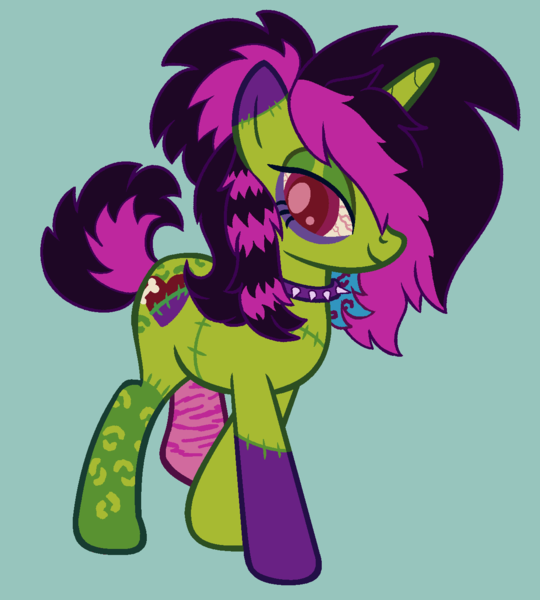 Size: 1247x1386 | Tagged: safe, artist:catponything, artist:x-iiaobases, derpibooru import, oc, oc:undead heart, unofficial characters only, pony, undead, unicorn, zombie, zombie pony, g4, base used, choker, horn, image, looking at you, png, scene hair, smiling, smiling at you, spiked choker, stitched body, stitches, unicorn oc, walking