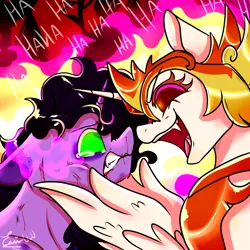 Size: 2000x2000 | Tagged: oc name needed, safe, artist:eni_art, derpibooru import, daybreaker, oc, alicorn, pony, unicorn, g4, blood, colored eyelashes, crying, duo, duo female, evil, evil laugh, fangs, female, fiery mane, fire, green sclera, helmet, horn, image, laughing, looking at each other, looking at someone, mare, my little pony, nightmare, nosebleed, parent:king sombra, peytral, png, red eyelashes, shrunken pupils, sombra eyes