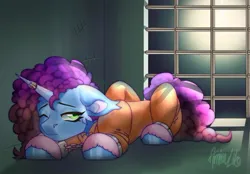 Size: 750x521 | Tagged: safe, artist:amiraliko, derpibooru import, pony, unicorn, g5, clothes, commissioner:rainbowdash69, horn, image, jail, jpeg, magic suppression, misty brightdawn, never doubt rainbowdash69's involvement, prison, prison outfit, prisoner, prisoner misty, sad, shackles, solo