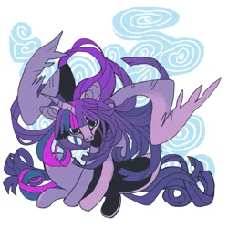 Size: 851x851 | Tagged: safe, artist:cutesykill, derpibooru import, twilight sparkle, twilight sparkle (alicorn), alicorn, pony, g4, abstract background, bangs, beanbrows, big ears, blue sclera, colored pinnae, colored sclera, crooked horn, dilated pupils, eyebrows, facing you, female, flowing mane, flowing tail, gradient mane, gradient tail, horn, hunched over, image, lanky, large wings, long mane, long tail, looking at you, mare, no catchlights, no pupils, partially open wings, png, purple coat, purple mane, purple tail, skinny, staring into your soul, straight mane, straight tail, tail, tall, thin, three toned mane, three toned tail, uncanny valley, unicorn horn, wings