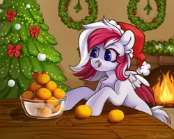 Size: 2250x1800 | Tagged: safe, artist:lazybread, derpibooru import, oc, oc:red wine, unofficial characters only, pegasus, pony, christmas, christmas tree, colored wings, female, fireplace, hat, holiday, image, mare, pegasus oc, png, santa hat, tangerine, tree, two toned mane, two toned wings, wings