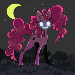 Size: 851x851 | Tagged: safe, artist:cutesykill, derpibooru import, pinkie pie, earth pony, pony, g4, alternate cutie mark, big ears, concave belly, creepy, creepy smile, crescent moon, curly mane, curly tail, forest, glow, glowing eyes, glowing teeth, image, long legs, long neck, looking at you, moon, nature, night, outdoors, pink coat, pink mane, pink tail, png, sharp teeth, shiny mane, shiny tail, shrunken pupils, slender, slit pupils, smiling, solo, staring at you, staring into your soul, stars, tail, teeth, thin, tree, wide eyes, wide smile