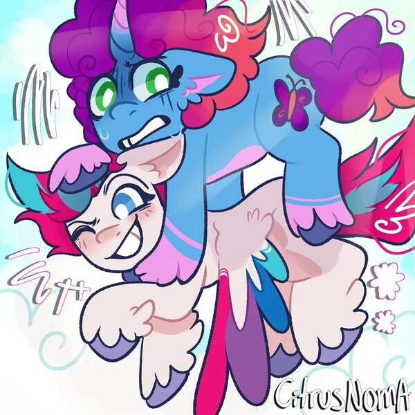 Size: 1080x1080 | Tagged: safe, artist:citrusnoma_pon3, derpibooru import, zipp storm, pegasus, pony, unicorn, g5, assisted flying, cloud, duo, duo female, emanata, female, flying, horn, image, jpeg, lesbian, mare, misty brightdawn, rebirth misty, riding, riding a pony, scared, ship:dawnstorm, shipping, sky