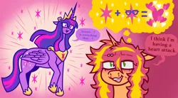 Size: 1280x707 | Tagged: safe, artist:dapperlilarts, derpibooru import, sci-twi, sunset shimmer, twilight sparkle, pony, unicorn, equestria girls, g4, blood, crown, disguise, equestria girls ponified, fanfic art, female, glasses, heart, horn, image, jewelry, lesbian, nosebleed, piercing, png, regalia, ship:sci-twishimmer, shipping, speech bubble, sunsetsparkle, unicorn sci-twi