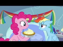 Size: 480x360 | Tagged: safe, derpibooru import, screencap, pinkie pie, rainbow dash, earth pony, pegasus, pony, g4, secrets and pies, food, image, jpeg, messy mane, my little pony, pie, pun, visual pun