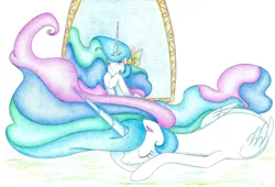 Size: 2272x1544 | Tagged: safe, artist:bluemagic, derpibooru import, princess celestia, alicorn, pony, g4, ethereal mane, ethereal tail, horn, image, jpeg, simple background, sleeping, tail, wings