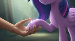 Size: 1408x768 | Tagged: safe, ai content, generator:imagen 3, machine learning generated, twilight sparkle, twilight sparkle (alicorn), alicorn, human, pony, unicorn, g4, hand, hooves, horn, image, png, sad, tantabus import